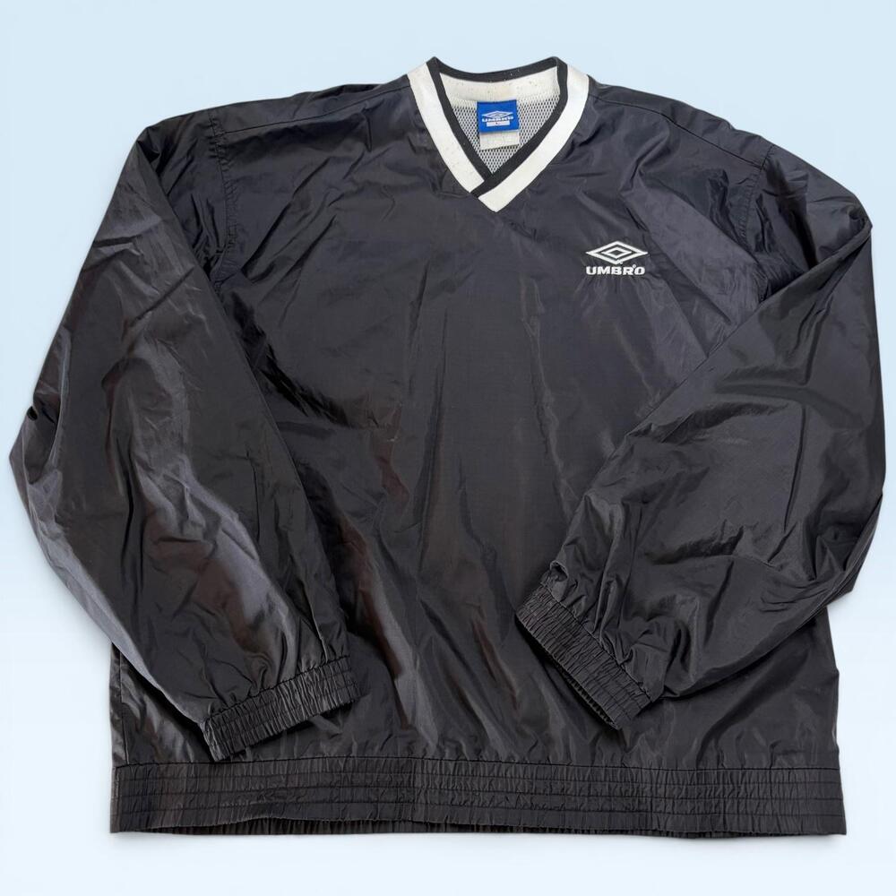 Umbro Pullover Jacket Mens Large Black V-Neck Windbreaker Mesh Lined Soccer
